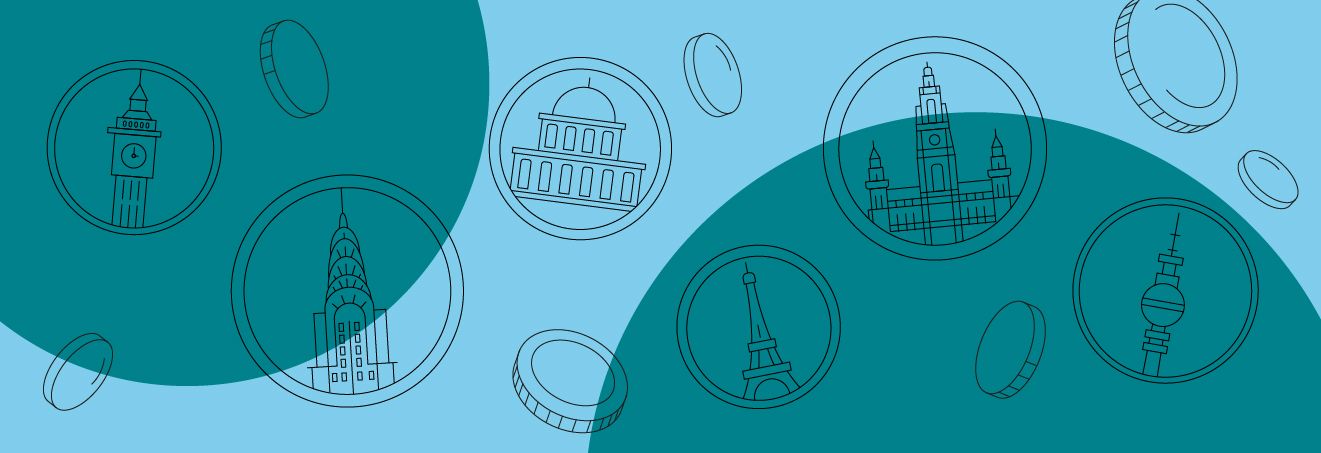 Illustration mit Münzen und stilisierten internationalen Wahrzeichen
